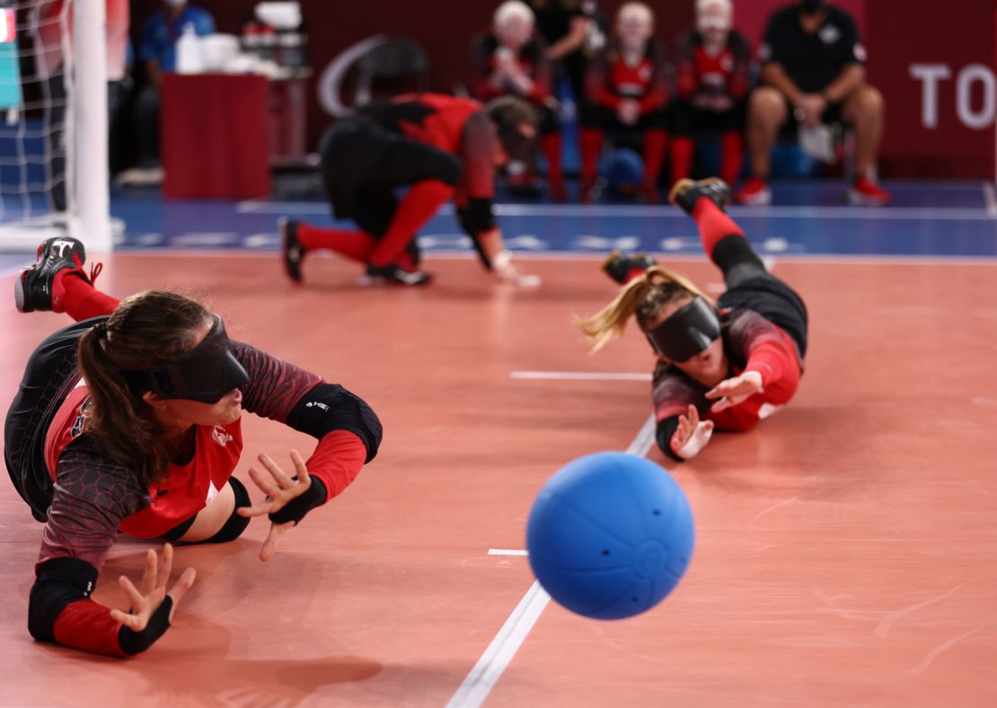 Maryam Salehizadeh and Meghan Mahon of Canada in action during a goalball match with the Russian Olympic Committee on  August 25 in Chiba, Japan.