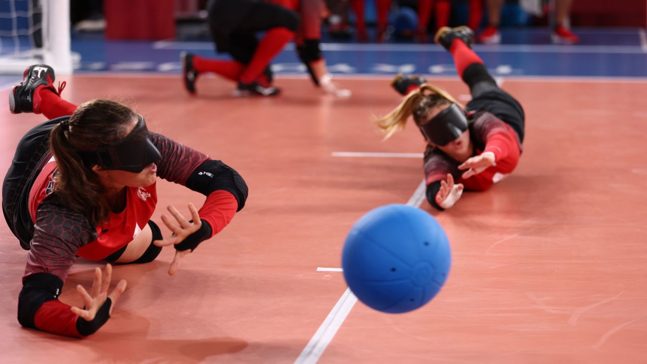 Maryam Salehizadeh and Meghan Mahon of Canada in action during a goalball match with the Russian Olympic Committee on  August 25 in Chiba, Japan.