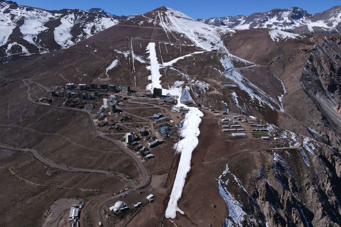 The El Colorado ski resort with mostly melted snow, in the middle of its 2021 winter season, in Santiago, Chile. 