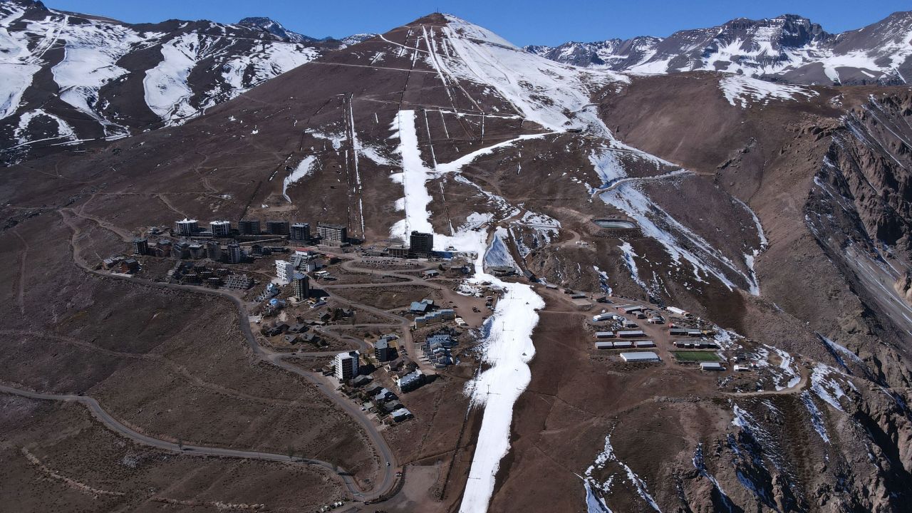 The El Colorado ski resort with mostly melted snow, in the middle of its 2021 winter season, in Santiago, Chile. 