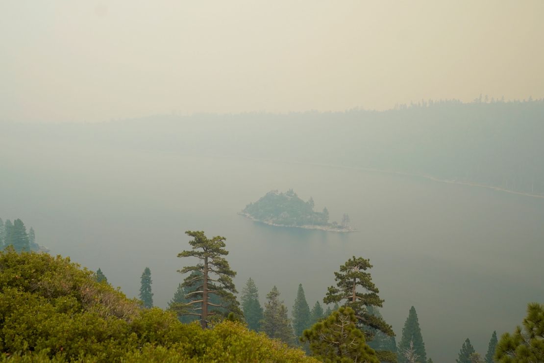 Lake Tahoe's Emerald Bay is shrouded in smoke from the Caldor Fire on Tuesday.