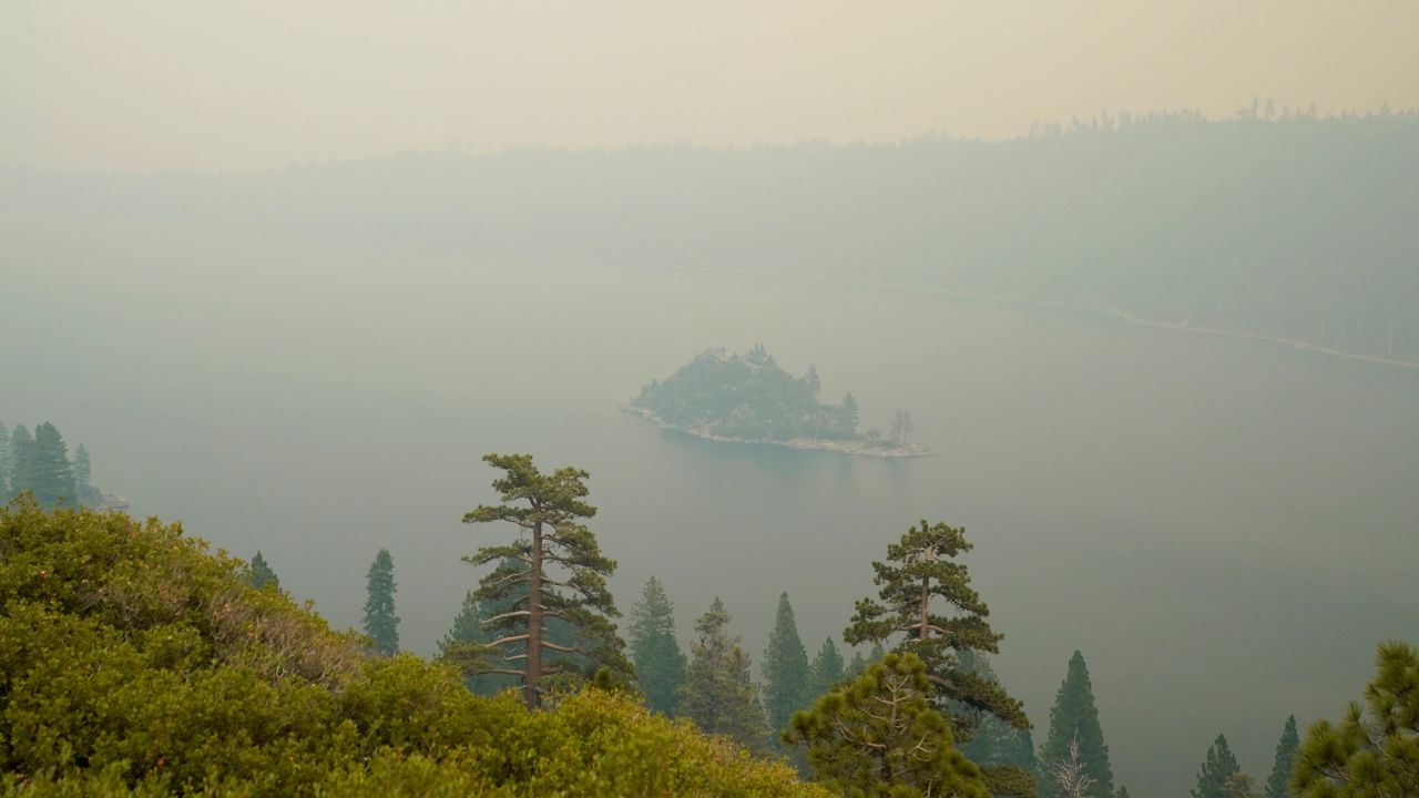 Lake Tahoe's Emerald Bay is shrouded in smoke from the Caldor Fire on Tuesday.