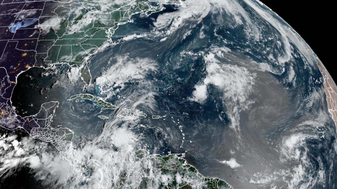 The hazy areas in this satellite image show the Saharan dust currently being carried across the Atlantic.