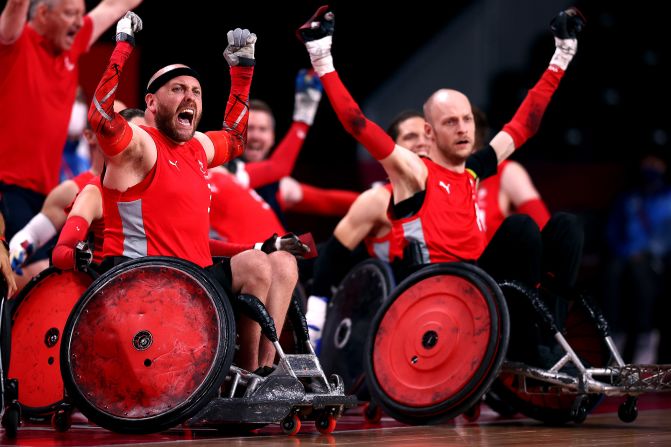 Danish athletes celebrate after beating Australia in a wheelchair rugby match on August 25.