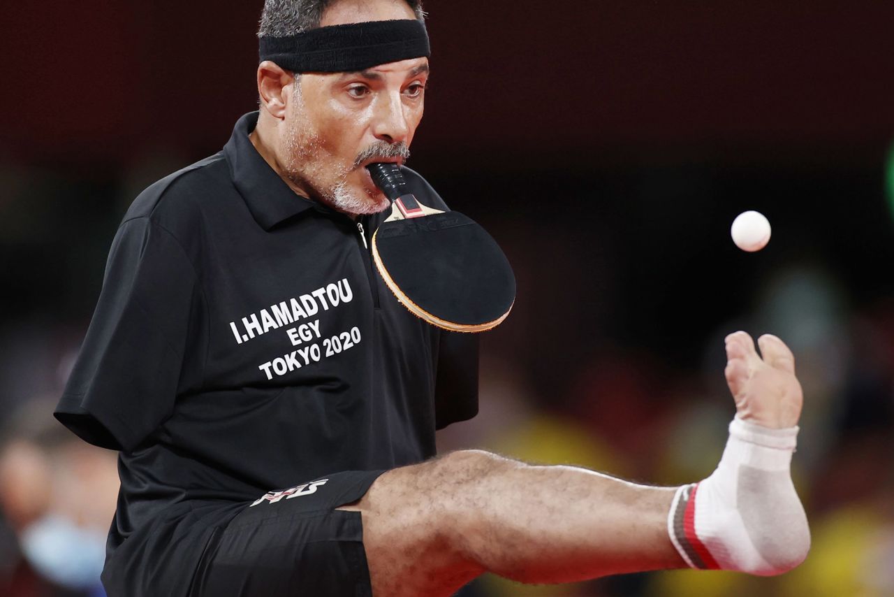 Egypt's Ibrahim Elhusseiny Hamadtou plays a table-tennis match on August 25.