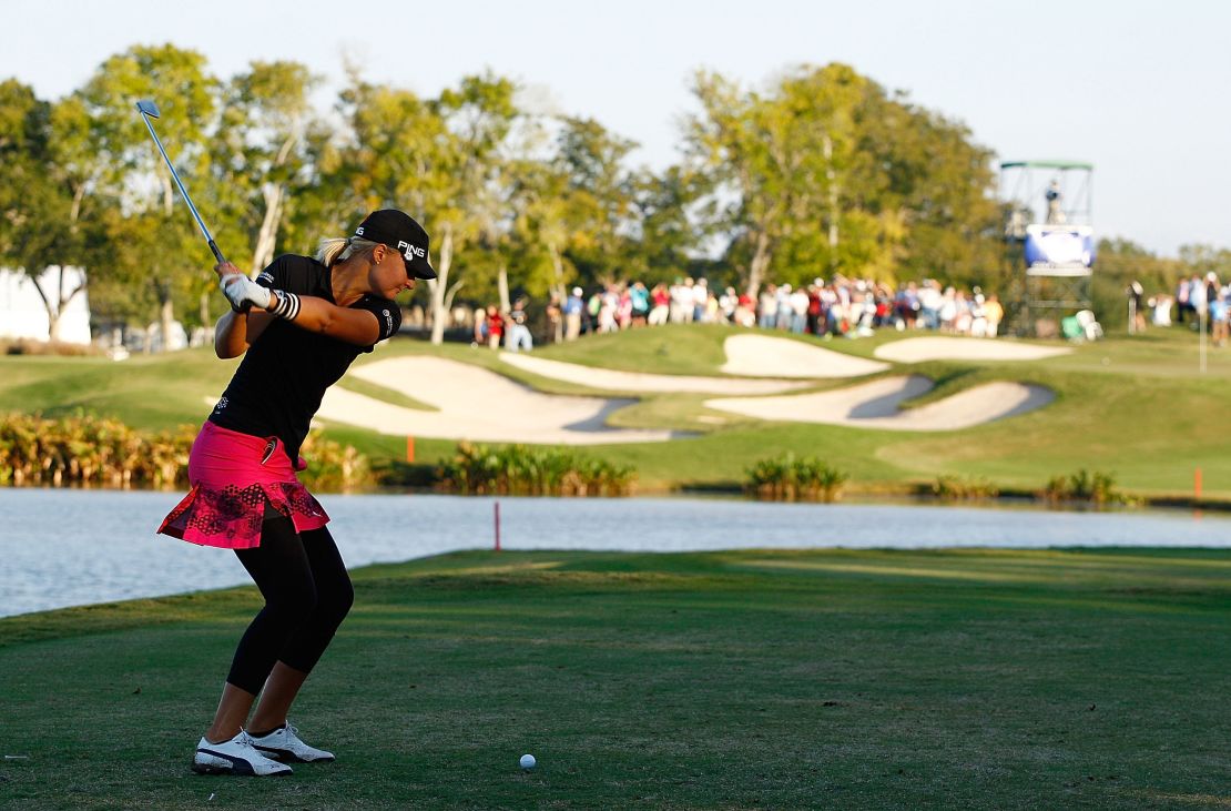Nordqvist hits her tee shot on the 17th hole during the final round of the LPGA Tour Championship in 2019. 