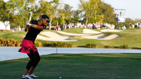 Nordqvist hits her tee shot on the 17th hole during the final round of the LPGA Tour Championship in 2019.