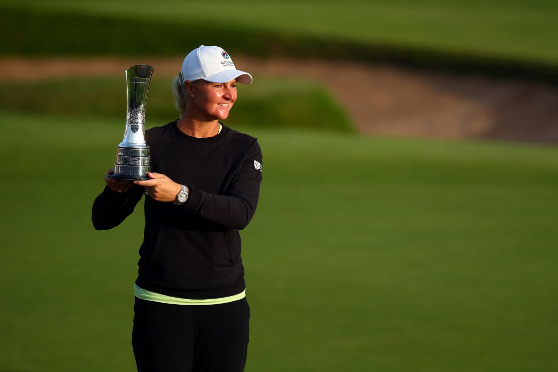 Nordqvist poses with the Women's Open trophy at Carnoustie.