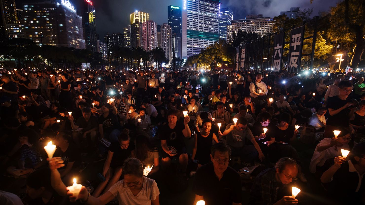 Attendees gather at a vigil to commemorate the Tiananmen Square crackdown in Hong Kong on June 4, 2019.