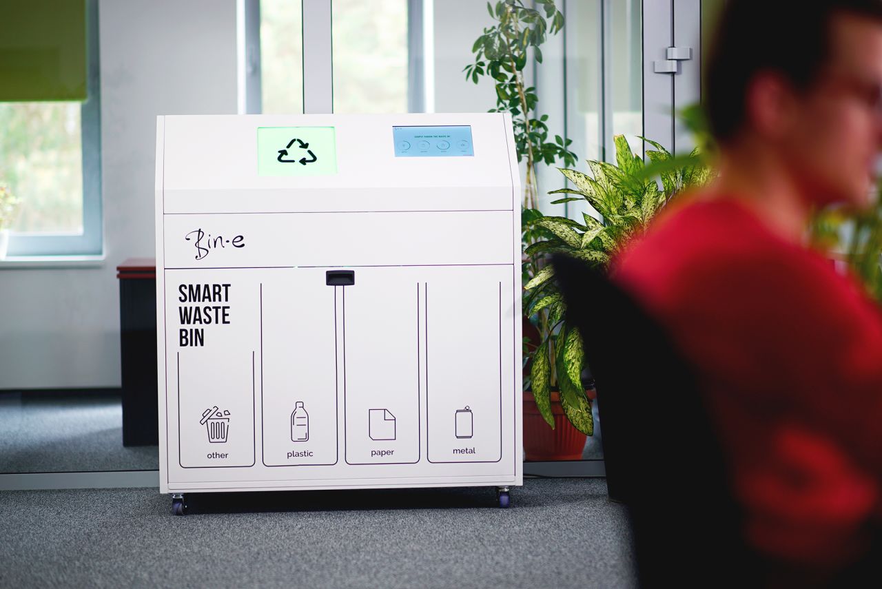 This smart-bin from <a href="https://www.bine.world/" target="_blank" target="_blank">Bin-e</a> has sensors and uses artificial intelligence to recognize and sort objects. It automatically opens when approached with trash, compresses waste, and notifies the waste disposal company when the bin is full -- automating waste management. 