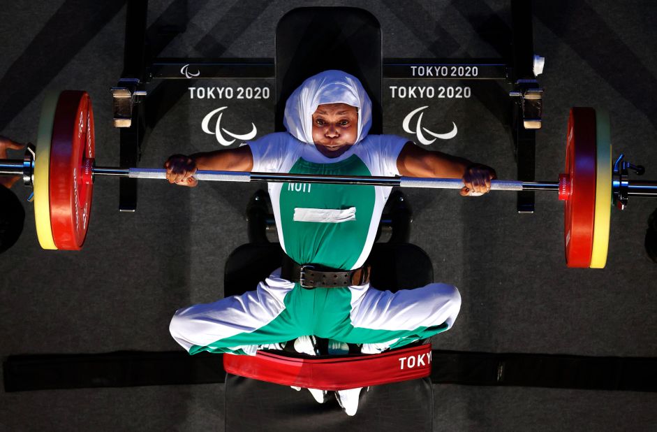 Nigerian powerlifter Latifat Tijani competes on August 26. She won gold in her weight class.