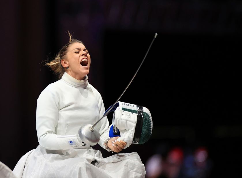 Hungarian fencer Amarilla Veres reacts after winning gold in the epee on August 26.