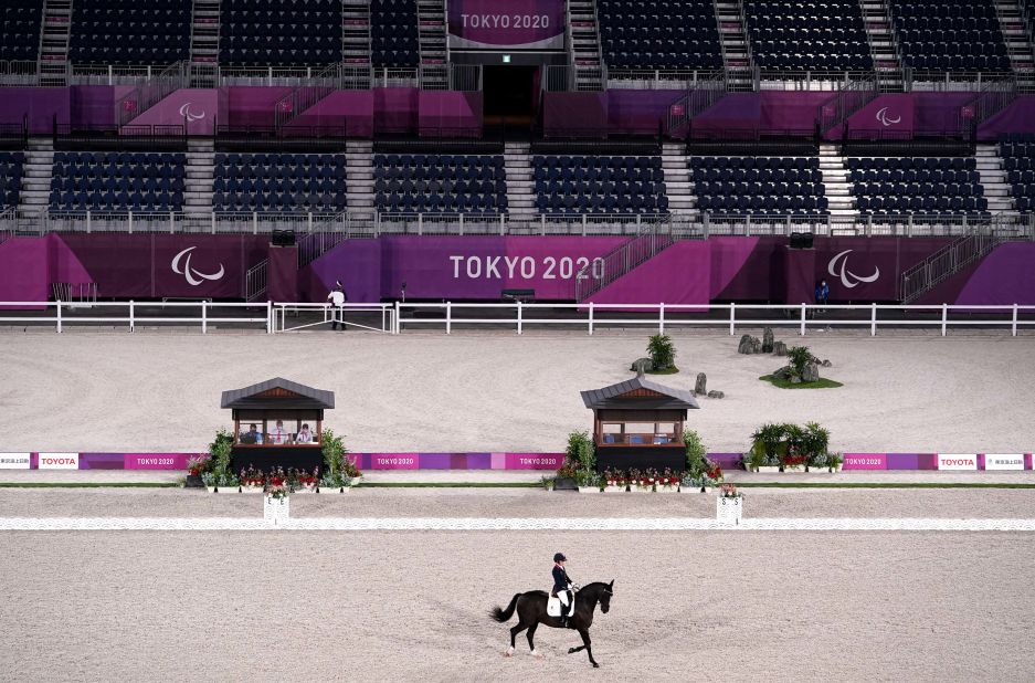 Great Britain's Sophie Wells competes in dressage on August 26.