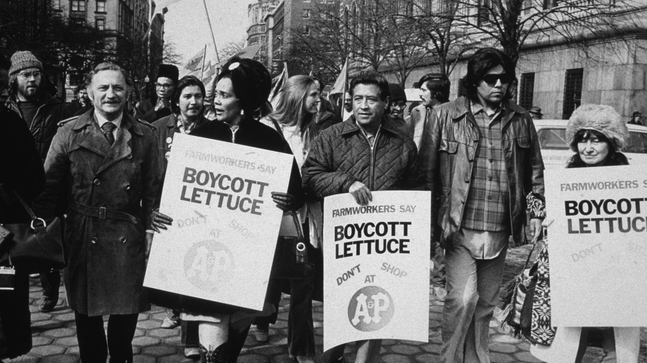 Cesar Chavez and Coretta Scott King lead a lettuce boycott march in New York City in 1973.