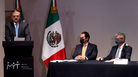 Mexico's Minister of Foreign Affairs, Marcelo Ebrard, speaks during a press conference to announces the lawsuit on August 4, 2021 in Mexico City.