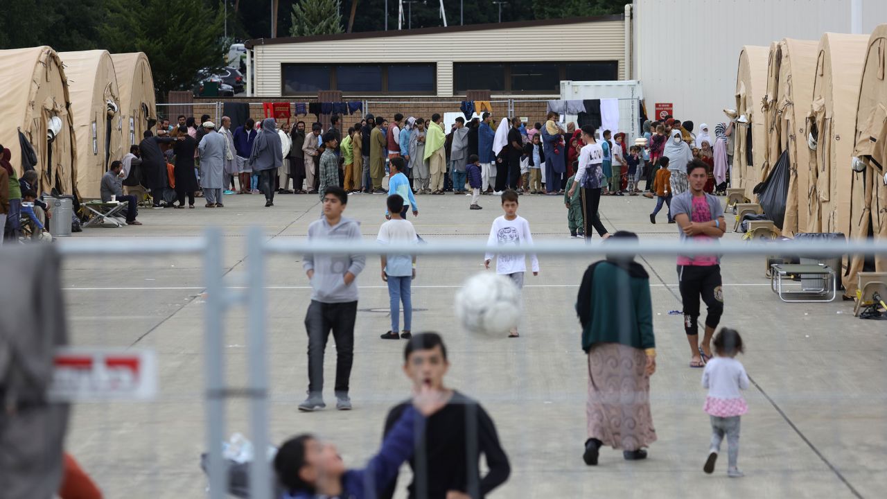 Evacuees from Afghanistan are seen at a temporary emergency shelter at the Ramstein Air Base on August 26, 2021 in Ramstein-Miesenbach, Germany.