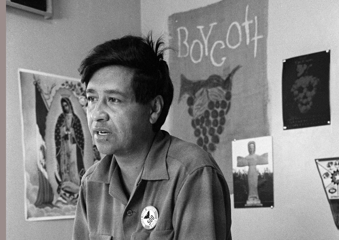 Cesar Chavez speaks from a Delano, California, union office amid a 1965 grape strike.  