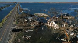 An aerial view of flood waters from Hurricane Delta inundating structures destroyed by Hurricane Laura on October 2020 in Creole, Louisiana. 