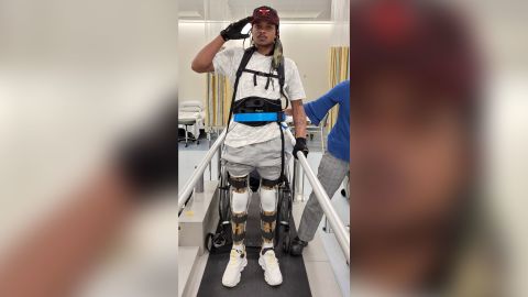 Jacob Blake fully standing on heavily braced legs during a mid-August 2021 physical rehabilitation session