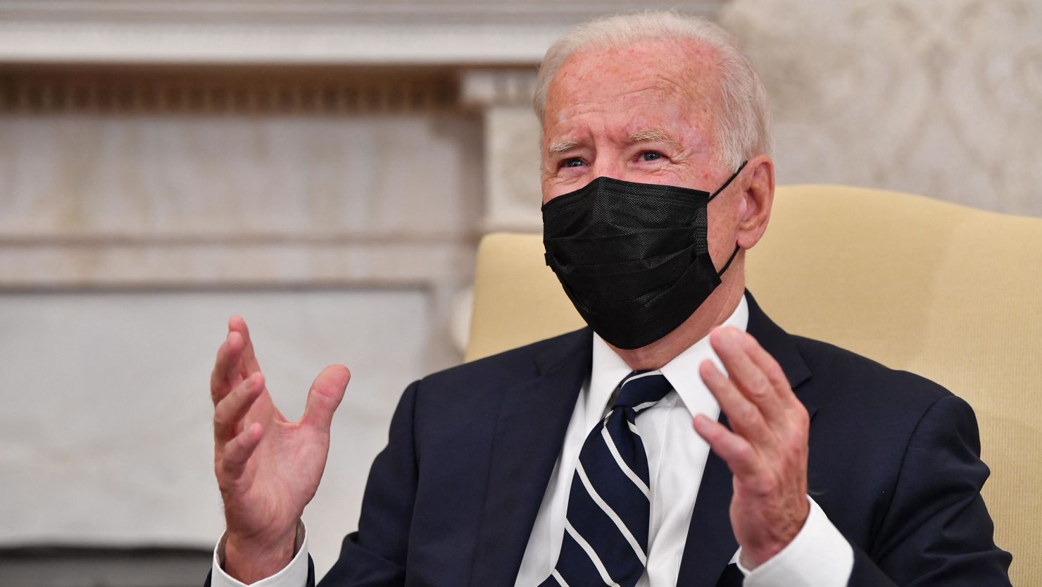 US President Joe Biden speaks as he meets with Israeli Prime Minister Naftali Bennett  in the Oval Office of the White House in Washington, DC, on August 27, 2021.