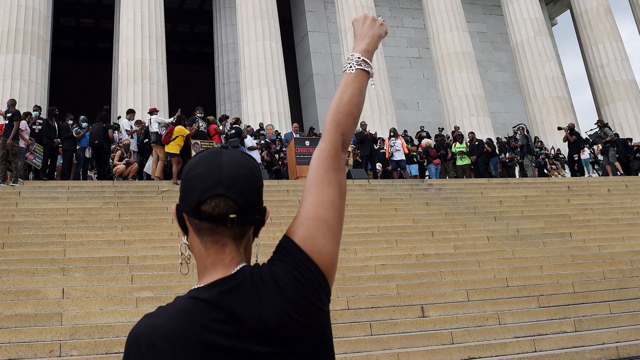 Martin Luther King III speaking at the Lincoln Memorial during the "Commitment March: Get Your Knee Off Our Necks" protest against racism and police brutality, on August 28, 2020, in Washington, DC.