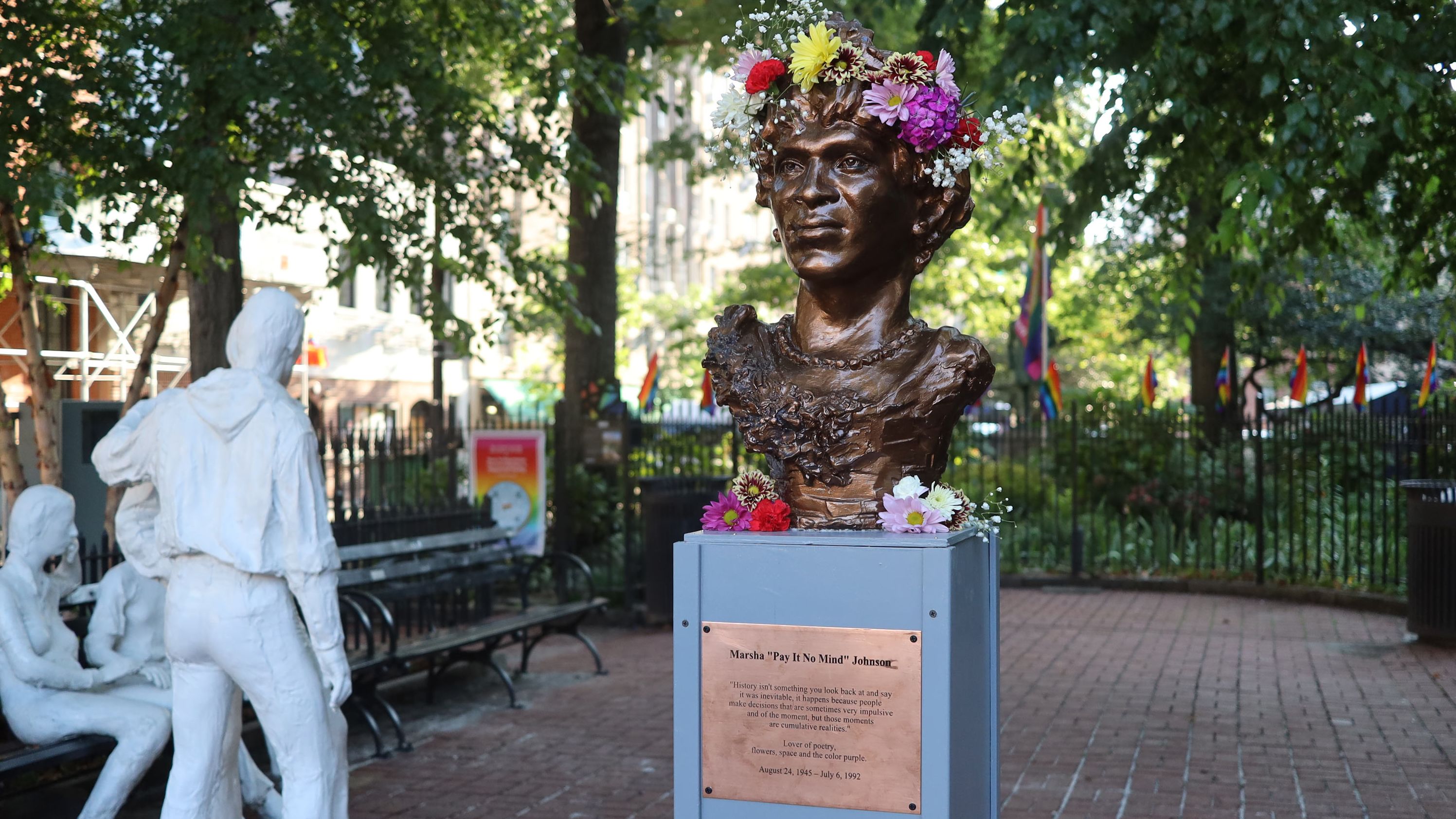 A bust of Marsha P. Johnson was erected by a group of artists and activists in New York's Christopher Park, just across from the Stonewall Inn. 