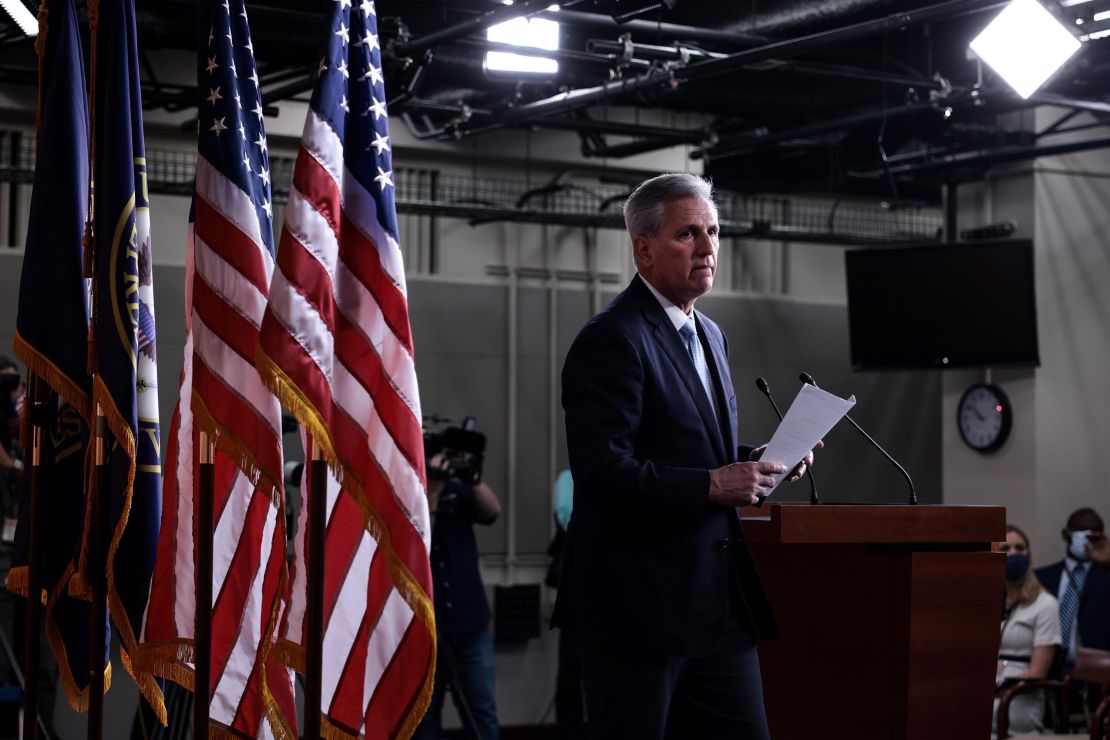 House Minority Leader Kevin McCarthy, a California Republican, departs from the podium after speaking at a news conference on August 27 at the US Capitol.