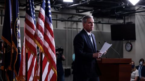 House Minority Leader Kevin McCarthy, a California Republican, departs from the podium after speaking at a news conference on August 27 at the US Capitol.