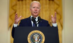 US President Joe Biden delivers remarks on the terror attack at Hamid Karzai International Airport, and the US service members and Afghan victims killed and wounded, in the East Room of the White House, Washington, DC on August 26, 2021.