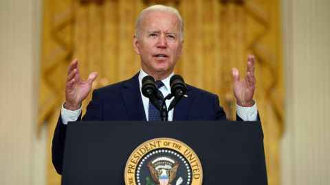US President Joe Biden delivers remarks on the terror attack at Hamid Karzai International Airport, and the US service members and Afghan victims killed and wounded, in the East Room of the White House, Washington, DC on August 26, 2021.