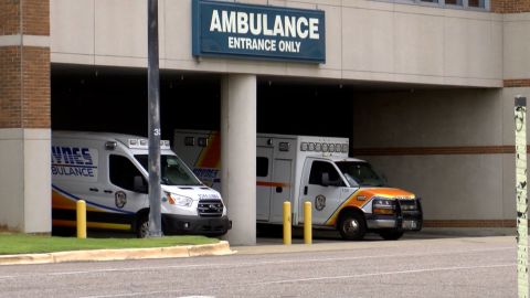 Ambulances await at a hospital in Montgomery, Alabama, as the state grapples with the latest coronavirus surge.