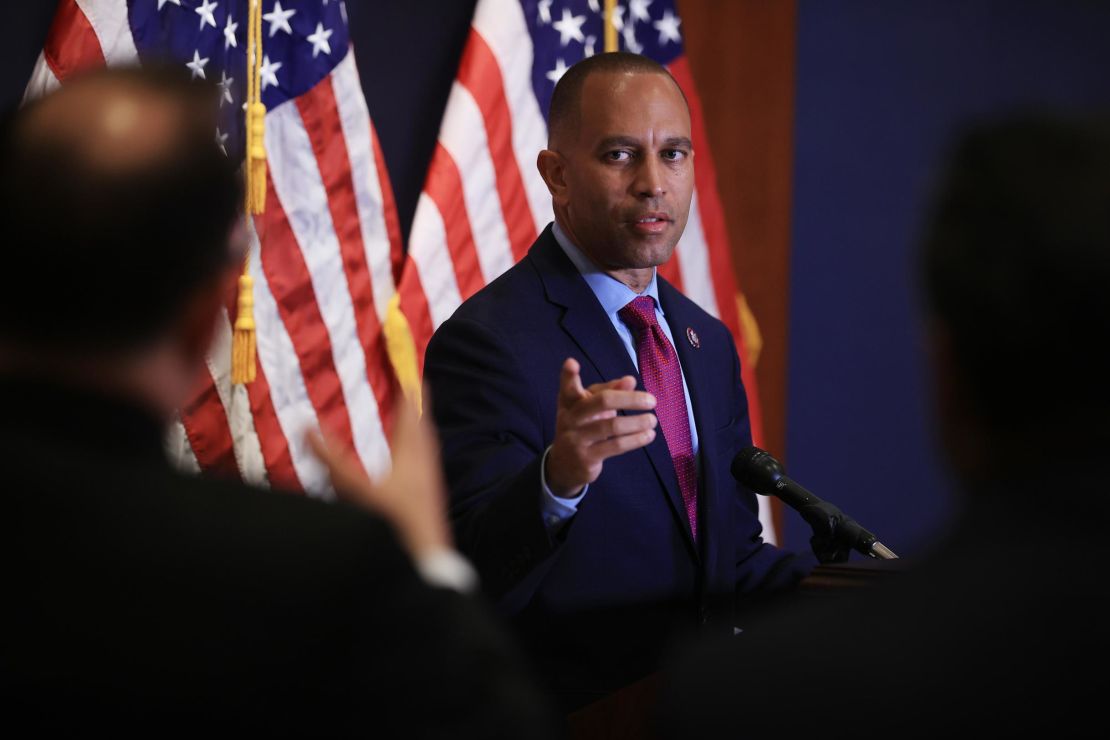 House Democratic Caucus Chair Rep. Hakeem Jeffries talks to reportersin June 2021 in Washington, DC. 