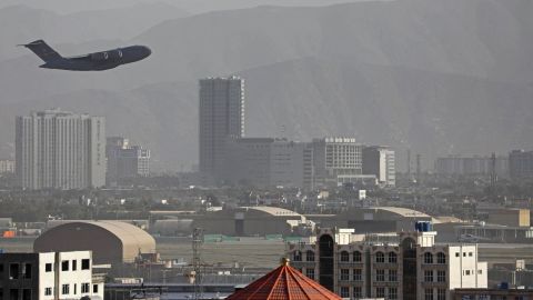 A US Air Force aircraft takes off from the military airport in Kabul on August 27, in the closing days of a huge US airlift operation.
