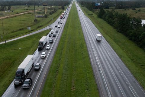 Traffic moves slowly August 28 along Interstate 10 West in Vinton, Louisiana.