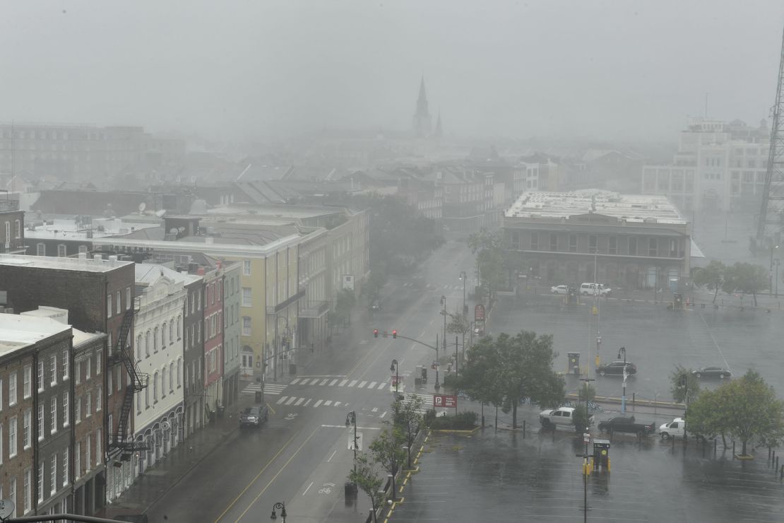 Rain batters Canal Street in New Orleans, Louisiana on August 29, 2021, after Hurricane Ida made landfall. 
