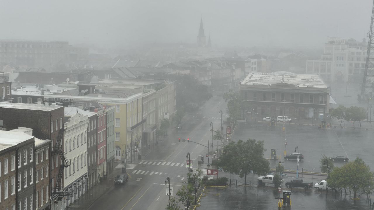 Rain batters Canal Street in New Orleans, Louisiana on August 29, 2021, after Hurricane Ida made landfall.