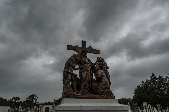 Storm clouds pass over a cemetery in New Orleans on August 29.