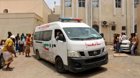 An ambulance transports casualties of strikes on al-Anad air base to the Ibn Khaldun hospital in the government-held southern province of Lahij, on August 29, 2021.