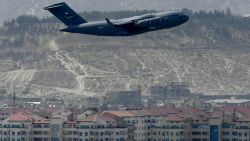 A US Air Force aircraft takes off from the airport in Kabul on August 30, 2021