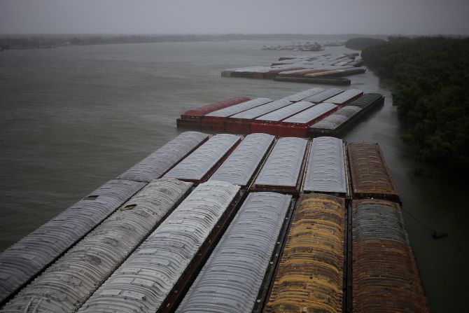 Barges are seen docked on the Mississippi River as Hurricane Ida hit Destrehan, Louisiana, on August 29.