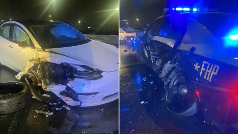 A Tesla Model 3, left, after it hit a Florida Highway Patrol cruiser, right, in an accident early on Aug. 28. The Tesla driver told police she had been using Autopilot at the time of the accident.