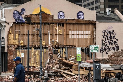A damaged historic building lies in ruins in New Orleans' Central Business District on August 30.