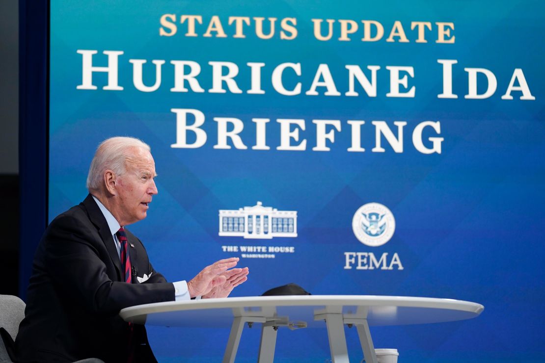 President Joe Biden speaks during a virtual meeting with FEMA Administrator Deanne Criswell and governors and mayors of areas impacted by Hurricane Ida, in the South Court Auditorium on the White House campus, Monday, Aug. 30, 2021, in Washington. 
