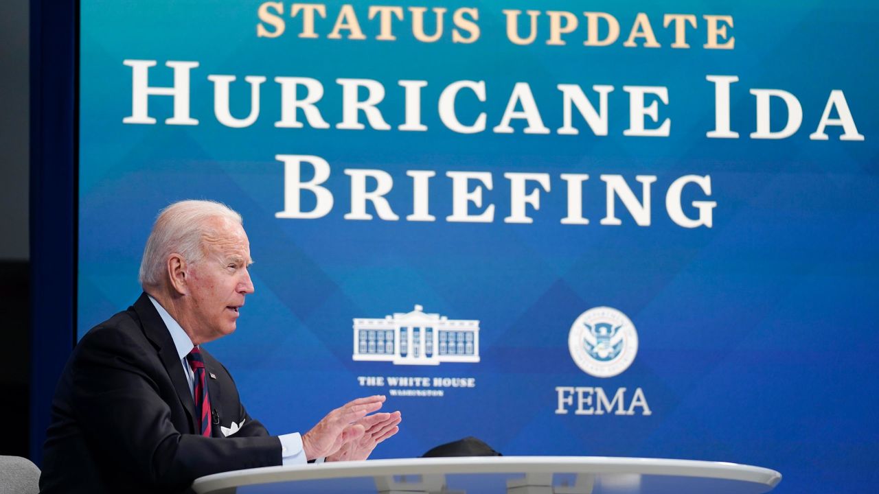 President Joe Biden speaks during a virtual meeting with FEMA Administrator Deanne Criswell and governors and mayors of areas impacted by Hurricane Ida, in the South Court Auditorium on the White House campus, Monday, Aug. 30, 2021, in Washington. 