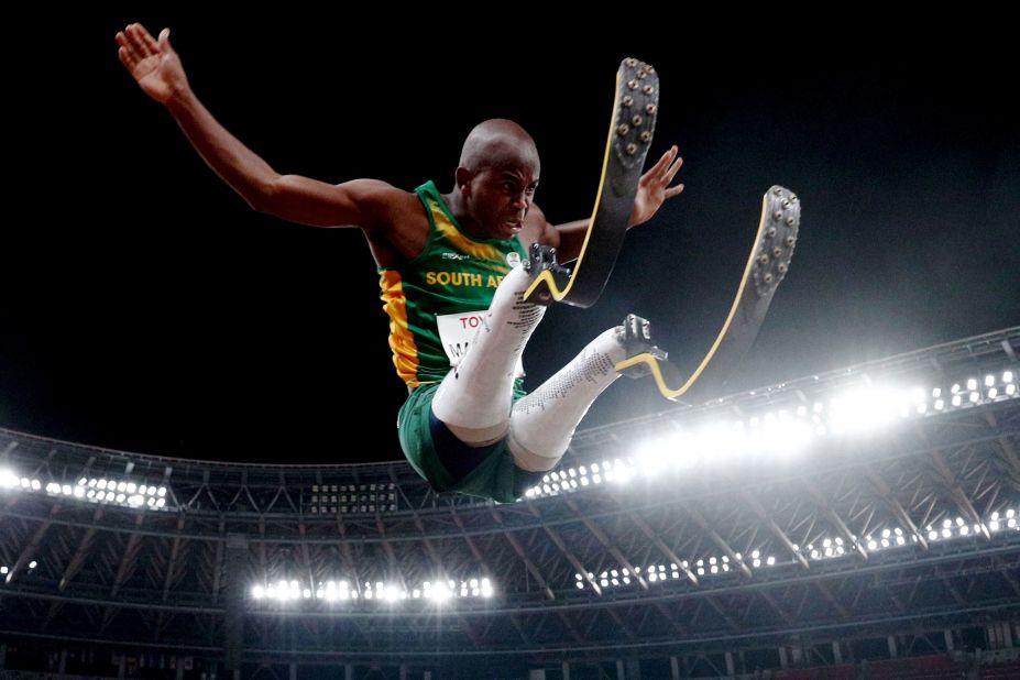 South Africa's Ntando Mahlangu competes in the long jump, which he won on Saturday, August 28.