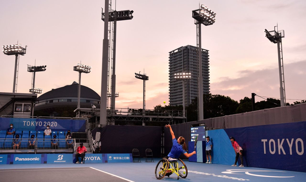 Russia's Viktoriia Lvova serves a ball during a wheelchair tennis match against Japan's Momoko Ohtani on Monday, August 30.