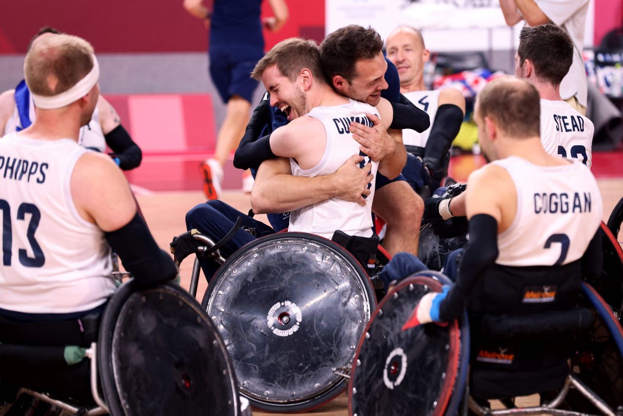British players celebrate after defeating the United States in the wheelchair rugby gold-medal match on Sunday, August 29.