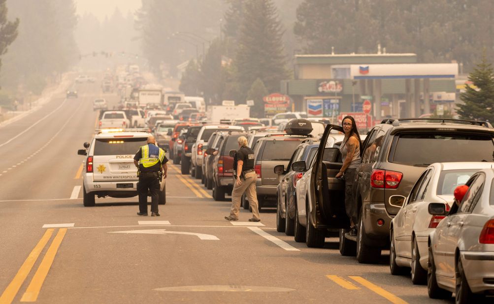 South Lake Tahoe residents are stuck in gridlock while attempting to evacuate the city on August 30.
