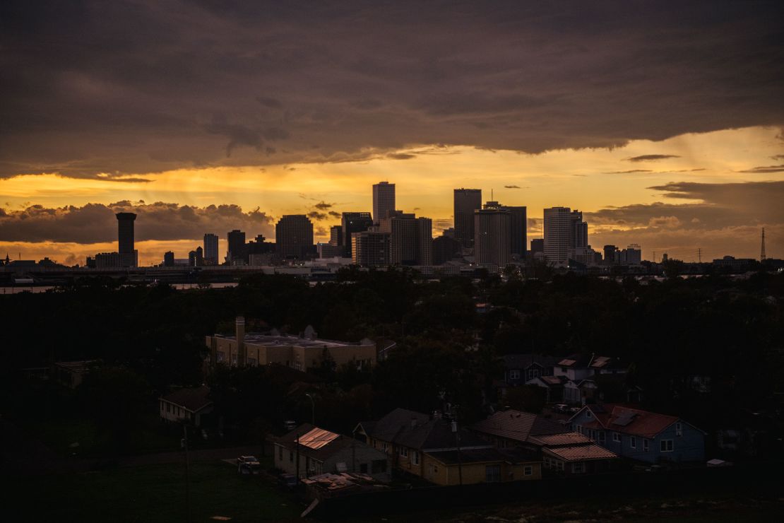 The downtown skyline is shown after Hurricane Ida passed through on August 30 in New Orleans, Louisiana.