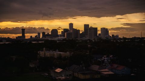 The downtown skyline is shown after Hurricane Ida passed through on August 30 in New Orleans, Louisiana.